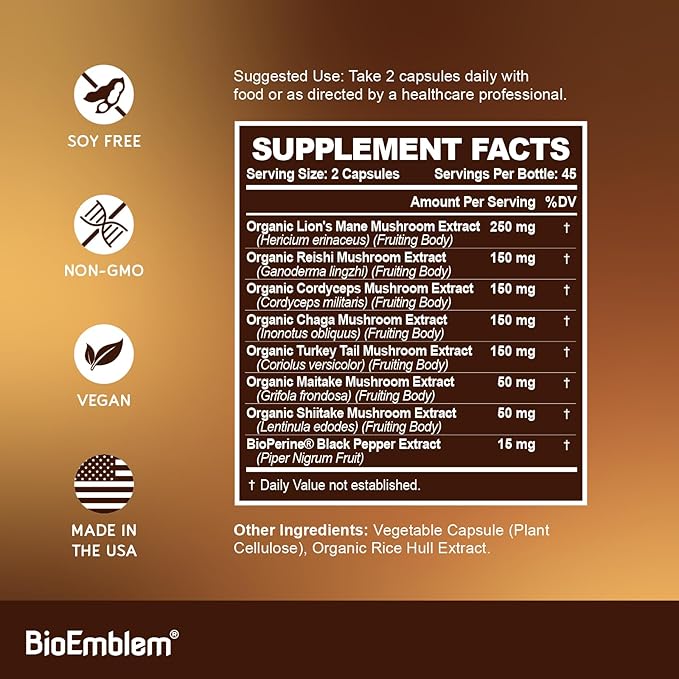 BioEmblem Vitamin D3 K2 (5000IU and 200mcg) and Mushroom Complex