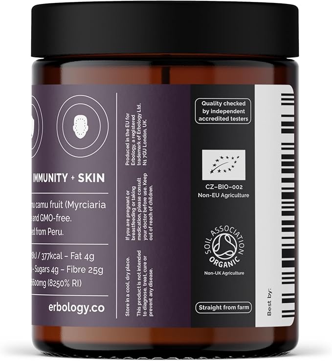 Erbology Organic Camu Camu Powder 3.2 oz - 45 Servings - Skin Health and Immunity Support - Rich in Vitamin C - Sustainably Sourced Straight from Farm in Peru - Small Batch - Vegan - GMO-Free