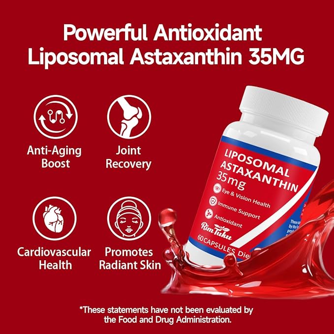 35mg Liposomal Astaxanthin Supplement - Powerful Antioxidant Support for Skin Joint &amp Eye Health - Natural Anti-Aging Formula with Pure Astaxanthin - Vegan Non-GMO 240 Capsules