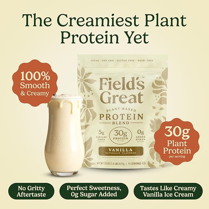 Field's Great All-in-One Plant-Based Vanilla Protein Shake Powder – Healthy Aging 30g Protein 5g Fiber + Probiotics Gut-Friendly Blood Sugar &amp Muscle Support Vegan Meal Replacement GLP1 23o