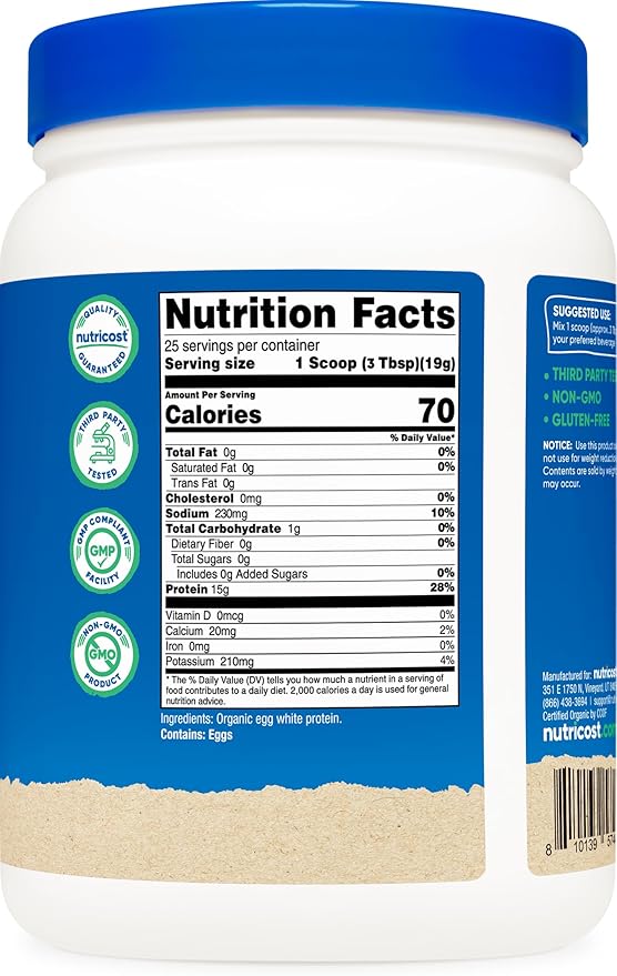Nutricost Organic Egg White Protein Powder (1LB) 25 Servings Per Container - GMO-Free Gluten-Free