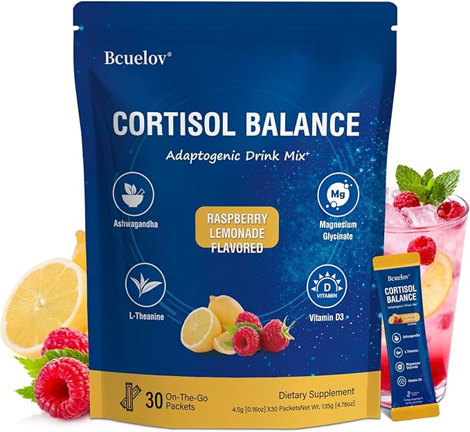 Cortisol Drink Mix Cortisol Supplements for Women Men with Magnesium Glycinate Ashwagandha L-Theanine Vitamin D 3 for Sleep &amp Relaxation On The Go 30 Ct (Raspberry Lemonade Flavor)