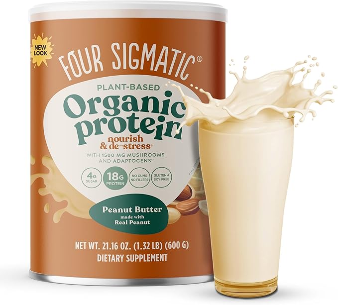 Four Sigmatic Organic Plant-Based Protein Powder Bundle with Peanut Butter Vanilla Flavors Mushrooms and Adaptogens | 21.16 oz