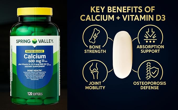 Spring Valley Calcium 600 mg + Vitamin D3 120 Softgels Bone Health Strong Teeth &amp Osteoporosis Support Rapid-Release Capsules Gluten-Free Supplement Bundle with Luall's 45 Diabetes Decoded