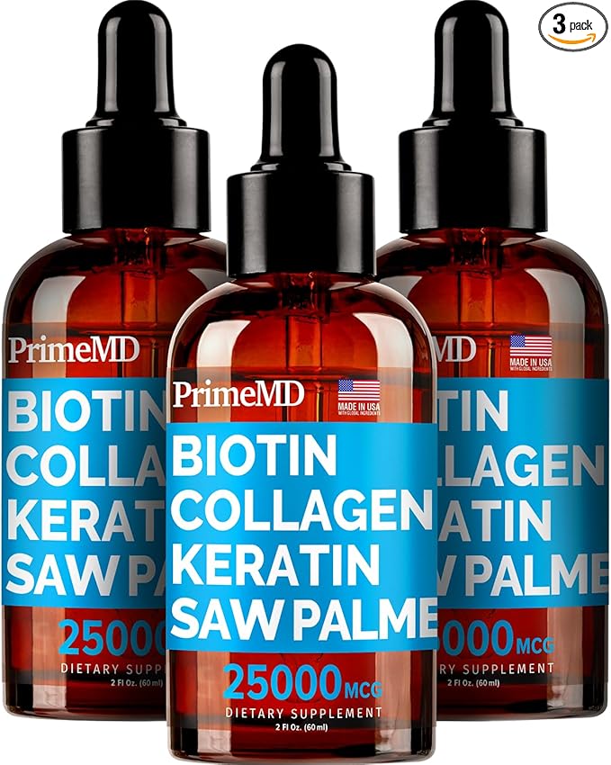 PrimeMD 4-in-1 Liquid Biotin Collagen Keratin Saw Palmetto Drops (3 Pack) Bundle - 25000mcg Hair Nails and Skin Vitamins for Women &amp Men - 2 Fl Oz Each Watermelon Flavor Gluten-Free Non-GMO