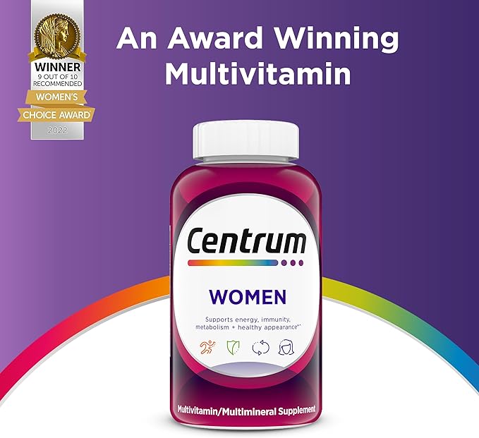 Centrum Multivitamin Tablet for Women Multivitamin/Multimineral Supplement with Iron Vitamin D3 B Vitamins and Antioxidant Vitamins C and E Gluten Free Non-GMO Ingredients - 200 Count