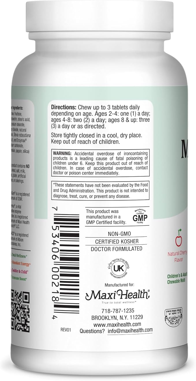 Maxi Health Chewable Multivitamin for Kids Teens and Adults - Cherry Chewable Vitamins for Adults &amp Children - Kosher Kids Multivitamin + Iron (180 Tablets)