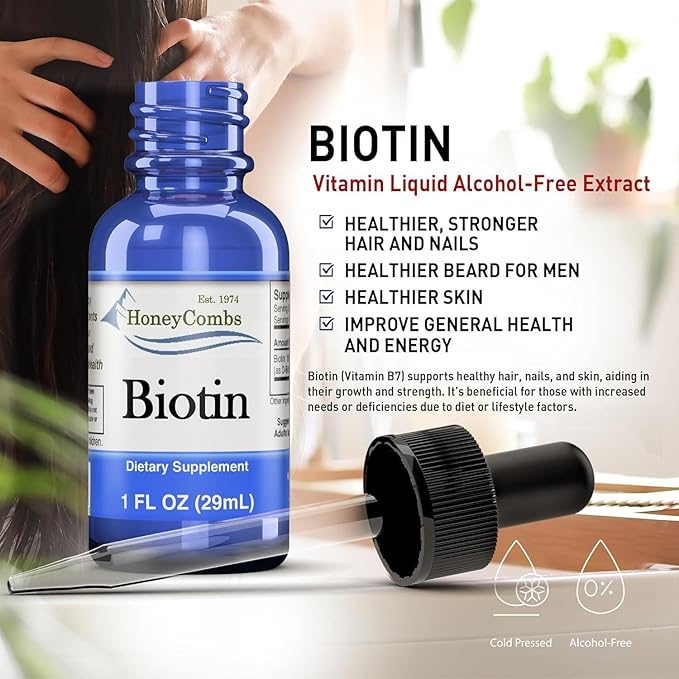 HoneyCombs Liquid Biotin for Hair Growth Drops High Potency Biotin Liquid Vitamin B7 500 Percent DV Vegan Sublingual Biotin Liquid Drops for Adults and Kids 36 Serving Bottle Made in USA