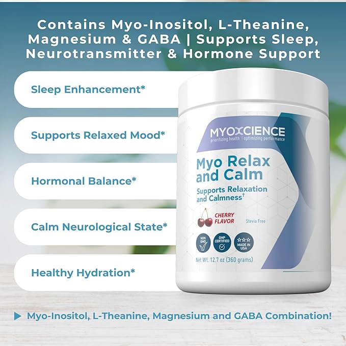 MYOXCIENCE Myo Relax &amp Calm | Myo-Inositol L-Theanine Taurine Magnesium &amp GABA | Supports Sleep Neurotransmitter and Hormone Support (Cherry Flavor) (60 Servings)