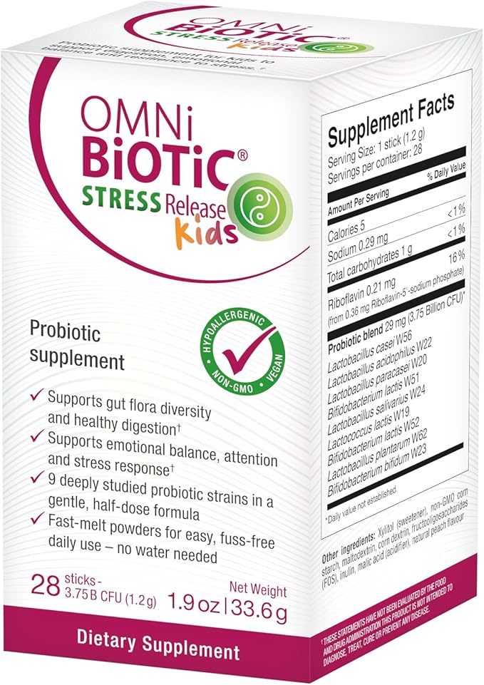Omni-Biotic Stress Release Kids Probiotic – Science Backed Kids Probiotic Supplement for Digestion Emotional Balance &amp Stress Resilience – Fast-Melt Powder (28 Daily Packets)