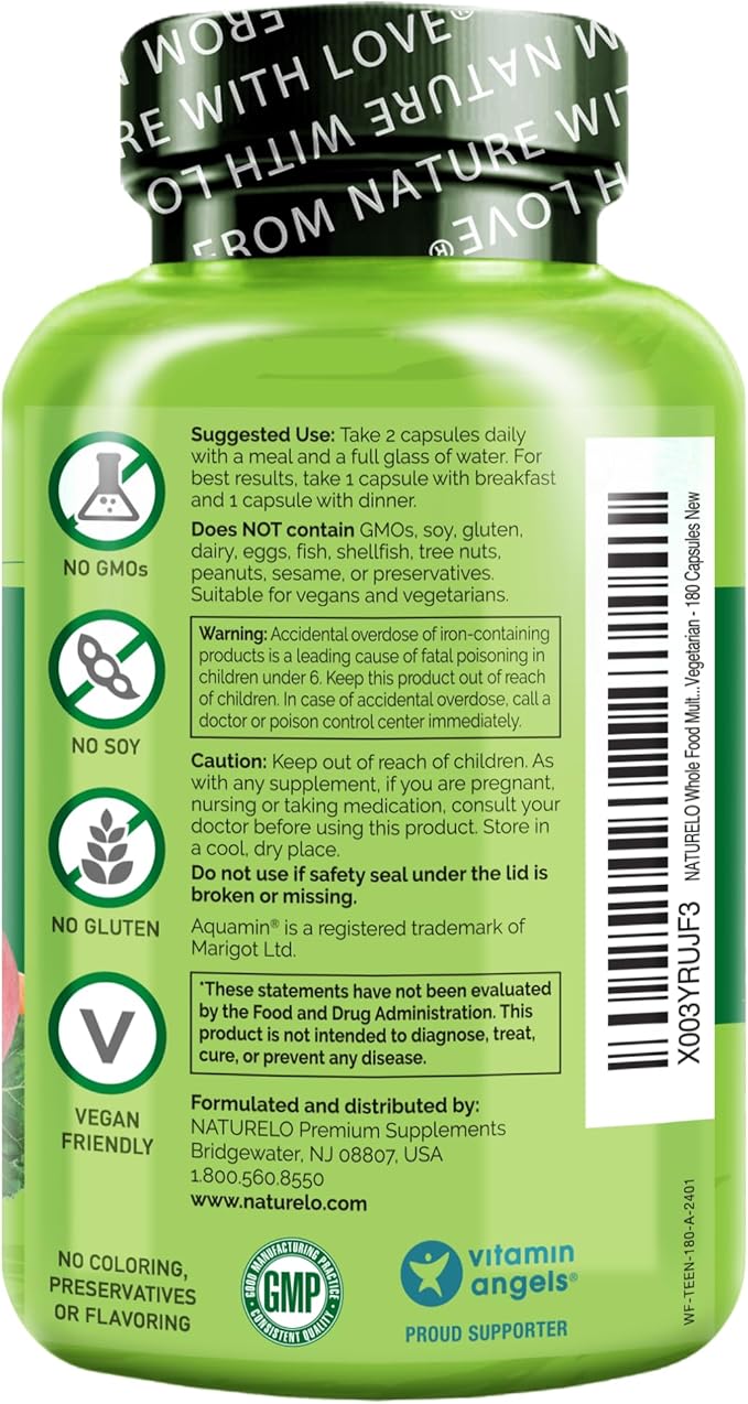 NATURELO Multivitamins for Teenage Girls/Boys 180 Capsules Whole Food Multivitamin with Minerals Non-GMO Vegetarian