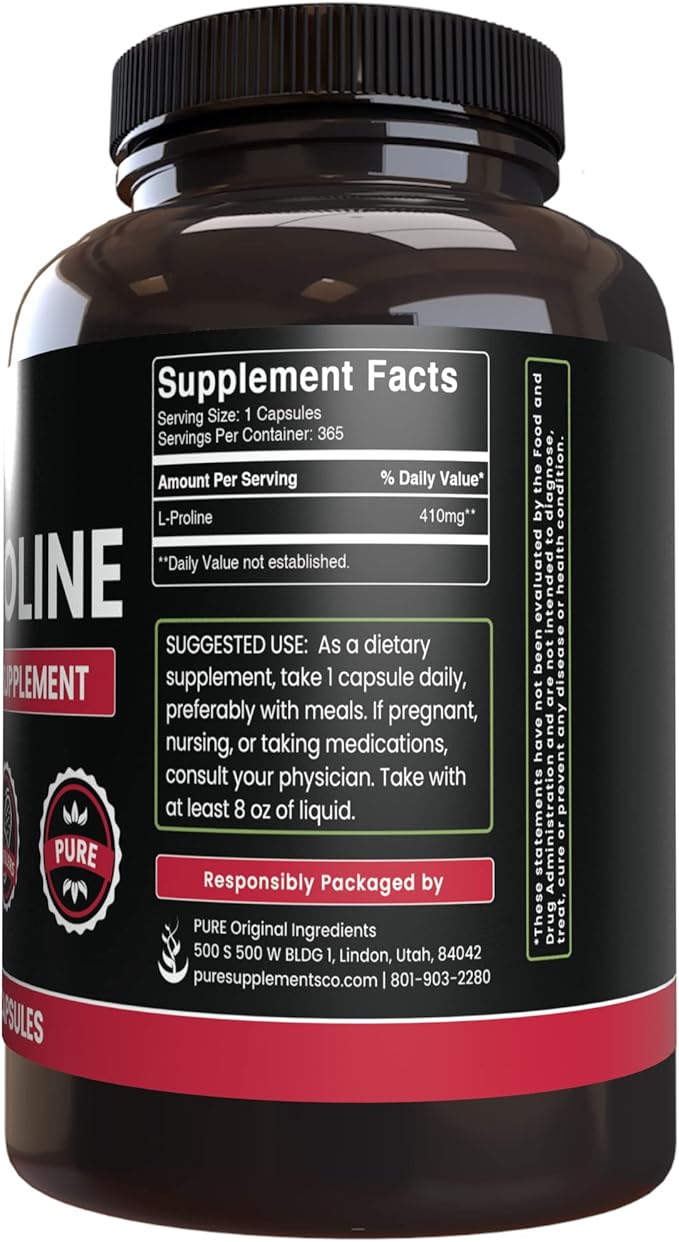 PURE ORIGINAL INGREDIENTS L-Proline (365 Capsules) No Magnesium Or Rice Fillers Always Pure Lab Verified