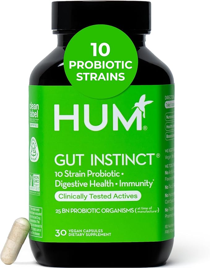 HUM Gut Instinct Daily Probiotics for Women and Men Digestive Health Lactobacillus Bifidobacterium Strains for Immune Support Probiotic Supplement for Healthy Gut Diversity 30 Capsules