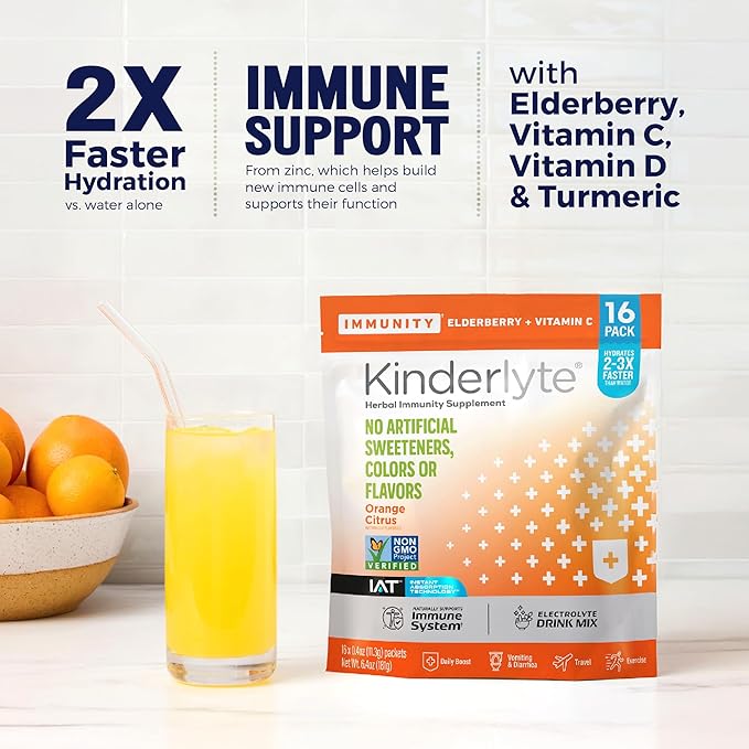Kinderlyte Immunity Supplement for Kids and Adults Electrolyte Powder Hydration Packets with Vitamin C Zinc &amp Turmeric (Orange Citrus 16 Count) No Artificial Sweeteners No Synthetic Dyes
