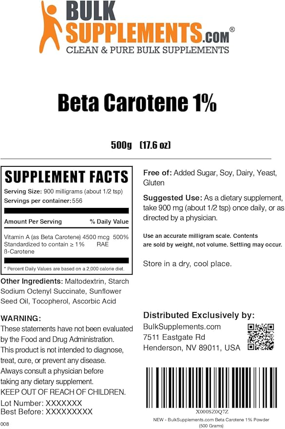 BulkSupplements.com Beta Carotene Powder - Beta Carotene Supplement Vitamin A Supplement for Immune and Vision Support - Gluten Free 900mg per Serving 500g (1.1 lbs) (Pack of 1)