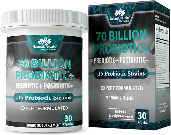 NaturaLife Labs Probiotics 70 Billion CFU – 15 Strains with Organic Prebiotic &amp Postbiotic – 3-in-1 Formula – 30 Vegan Capsules