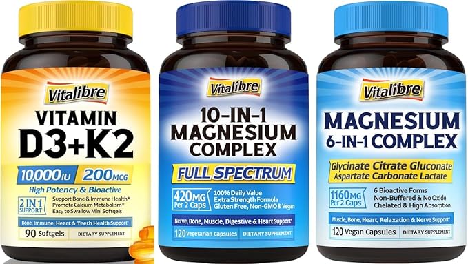 Vitamin D3 K2 Supplement 10000 IU D3 / 200 mcg K2 MK7 with Magnesium Complex 6 in 1 and Magnesium Complex 10 in 1 (3 Packs)