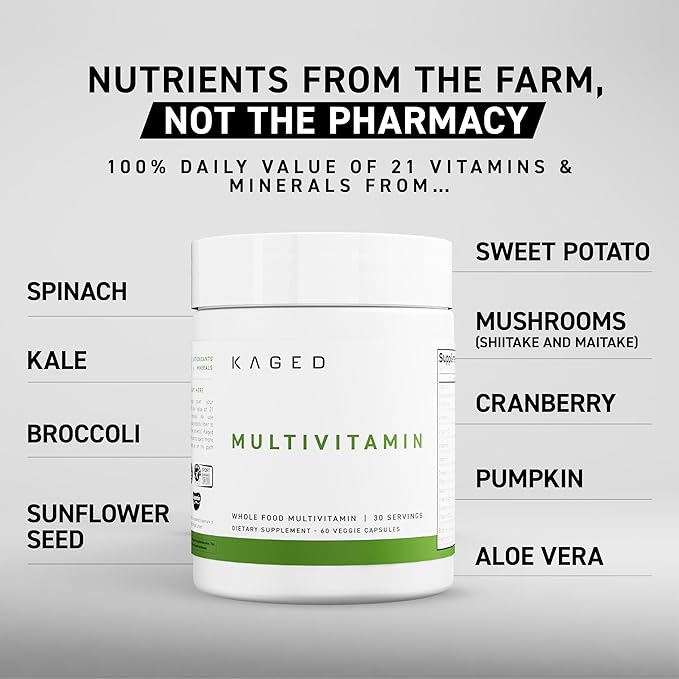 Kaged Multivitamin Capsules | Unflavored | Whole Foods Organic Fruits &amp Veggies | Plant Based Vegan Multivitamin | Vitamin C D E B12 | Supplements for Men &amp Women | 30 Servings