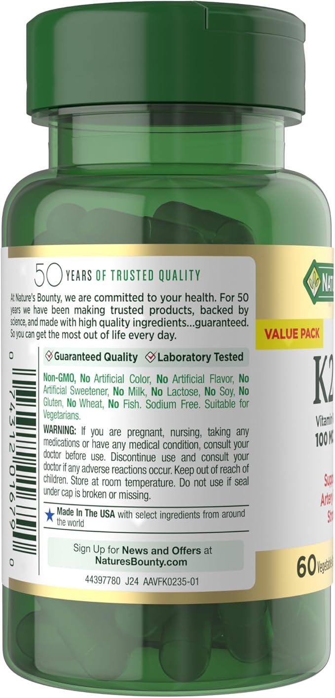 Nature’s Bounty Vitamin D3 K2 Supplement 4000 IU Vitamin D3 plus 100 mcg of Vitamin K Supplements for Adults for Heart &amp Bone Health Support 60 Day Supply 60 Vegetarian Capsules