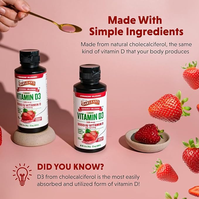 Barlean's Pack of 2 Vitamin D3 Liquid Supplement for Kids and Adults 5000 IU Vitamin D Strawberry Milkshake Non-GMO Gluten and Dairy Free 5.6 oz Each