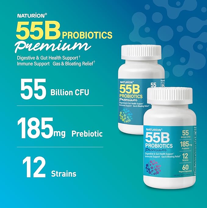 55B Probiotics Premium - 55 Billion CFU 12 Strains 185mg Prebiotic - Immune Support Digestive &amp Gut Health - Supports Occasional Constipation Gas &amp Bloating - 60 Vegan Capsules 60 Day Sup