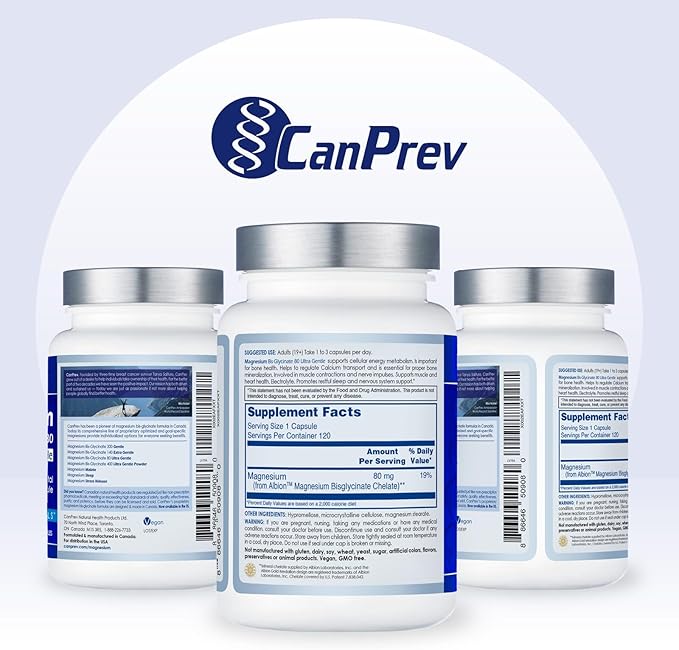 CanPrev Magnesium Biglycinate Chelated 80mg Ultra Gentle 120 V-Caps 120-Day Supply - Support Muscle Function Bone Strength &amp Relaxation Pure Magnesium Bisglycinate Formula Promote Comfort &amp