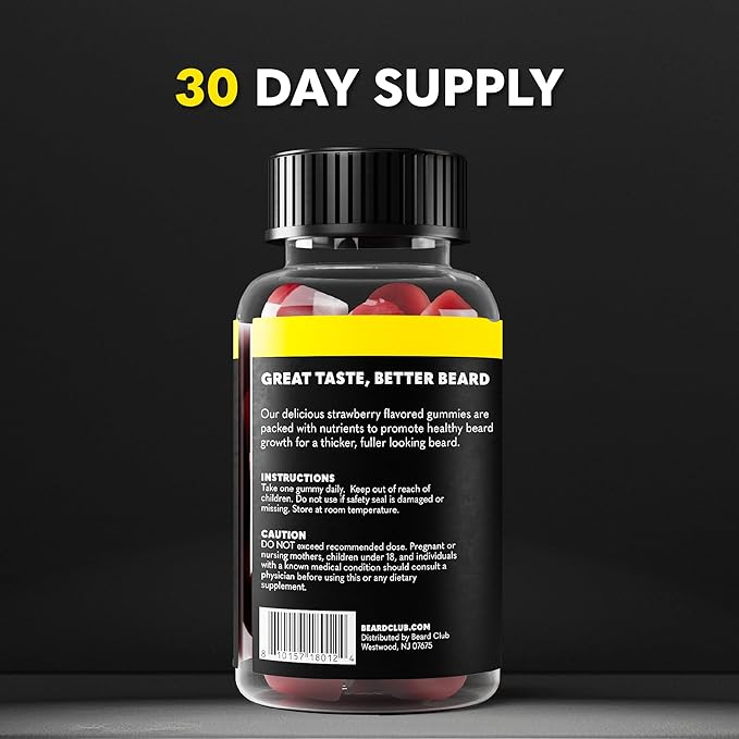 The Beard Club Biotin Beard Growth Vitamin Gummies - Hair Supplement for Men - Vitamins B12 E &amp C to Support a Thicker Fuller Looking Facial Hair - Strawberry Gummy