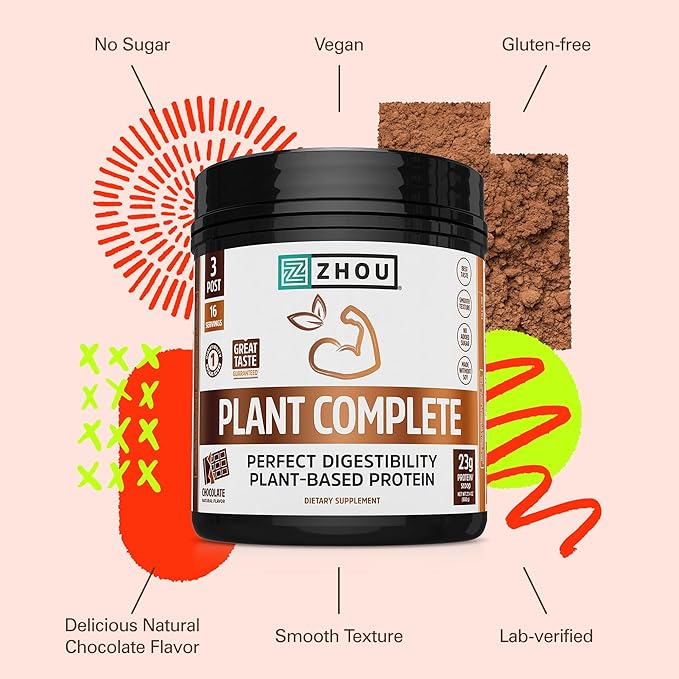 Zhou Plant Complete Vegan Protein Powder - Plant Based Protein Powder for Women &amp Men Non Dairy Rice &amp Pea Blend for Smoothies &amp Shakes 21g Protein Per Serving - Chocolate 17.7oz (16 Se