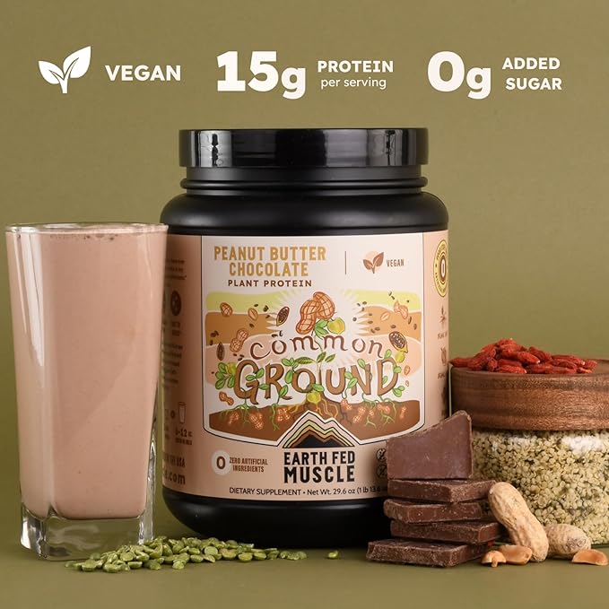 Earth Fed Muscle Common Ground Plant Protein Powder – Chocolate Peanut Butter Protein Powder with MCT Oil Soy &amp Gluten Free No Added Sugar Keto - 30 Servings