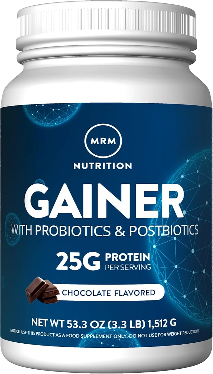 MRM Nutrition Gainer Protein with Probiotics &amp Postbiotics - Chocolate Flavored for Men &amp Women 25g Protein Whey Protein Concentrate &amp Isolate Micellar Casein &amp Digestive Enzymes -