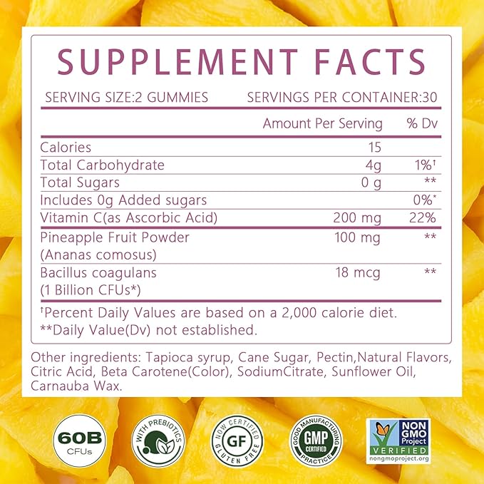 Pineapple Probiotic Gummies for Women pH Balance 10B CFU Bacillus Coagulans 200mg Vitamin C Sugar-Free Feminine Support for Vaginal Health &amp Odor Vegan Gluten-Free 60 Gummies (30 Servings)