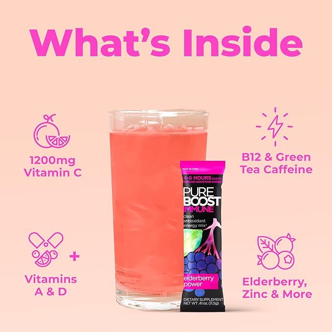 Pureboost Immune Clean Energy Booster Refreshing Energy Drink Mix and Immunity Supplement with Elderberry 1200 mg Vitamin C Vitamins A + D and Zinc. (Elderberry Power 30 Count)