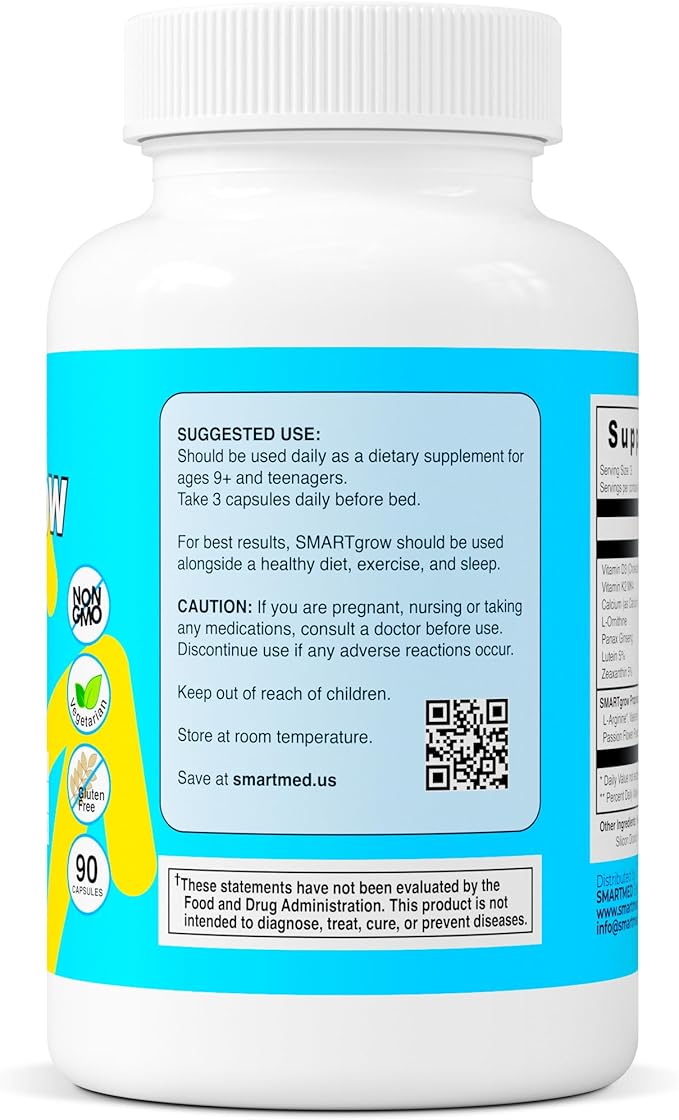 SMARTGROW 5-in-1 Promote Strong Bones Eye &amp Health Calcium Vitamin D3 Amino Acids – Sleep Aid Immune Support Brain &amp Eye Health – 90 Capsules