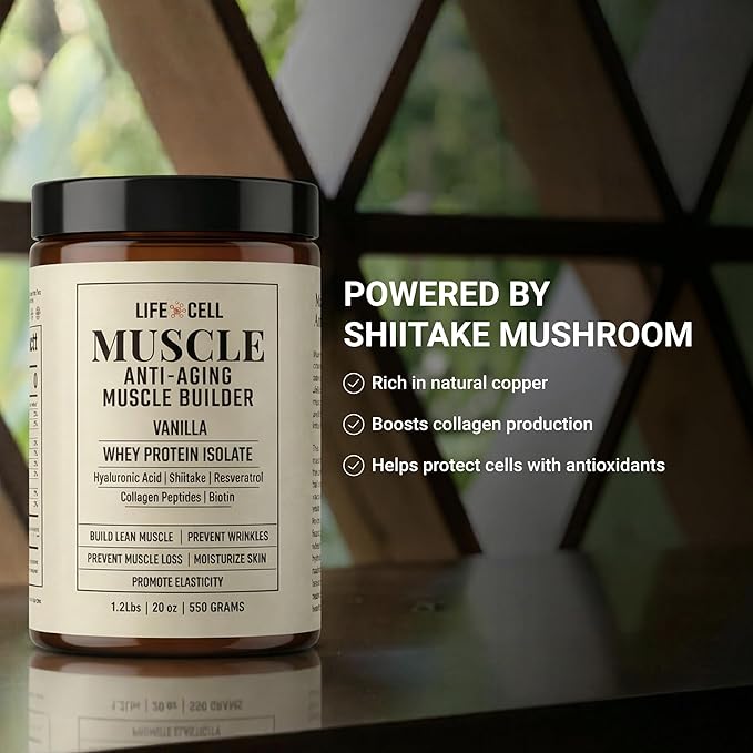 LifeCell Whey Protein – Anti-Aging Muscle Builder with Shiitake Mushroom Collagen &amp Hyaluronic Acid – Vanilla No Sugar Added Soy-Free Gluten-Free 550g