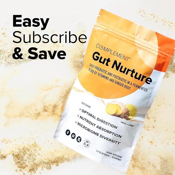Complement Gut Nurture Prebiotic + Postbiotic Superfood Powder for Leaky Gut Repair Probiotics for Digestive Health - Ginger Root - 30 Servings