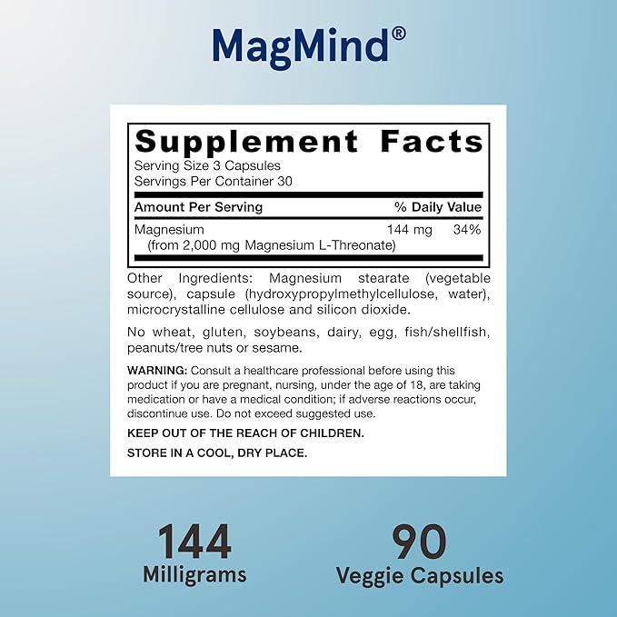 Jarrow Formulas Magnesium L-Threonate MagMind Magtein Magnesium Supplement Brain Supplements for Memory Support 90 Veggie Capsules Up to a 30 Day Supply