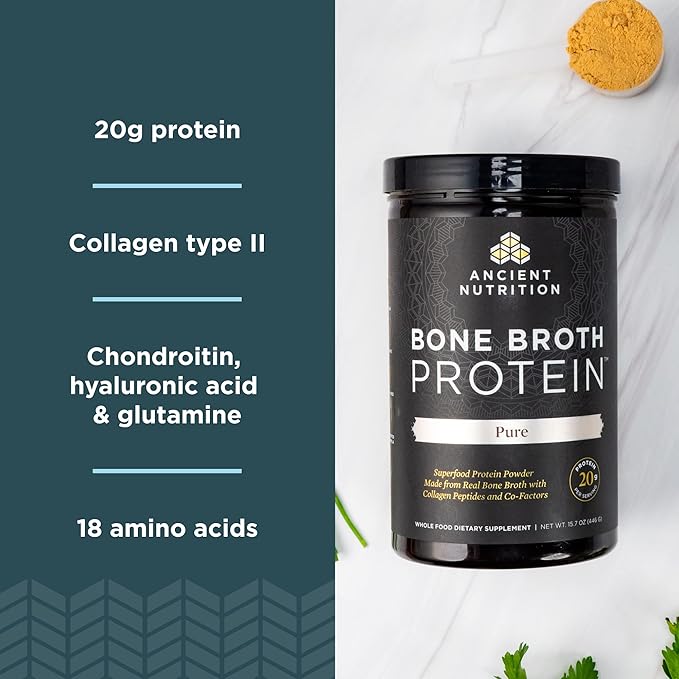 Ancient Nutrition Bone Broth Protein Powder Pure 20 Servings + Organic Supergreens Powder Greens Flavor 25 Servings