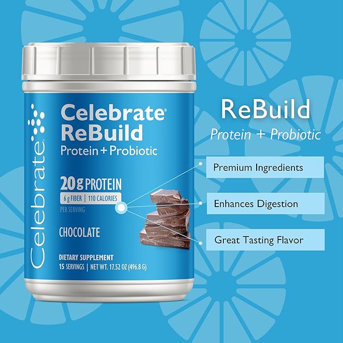 Celebrate Vitamins Rebuild Protein Powder with Probiotics &amp Prebiotics - 20g Whey Isolate Protein High Fiber for Post Bariatric Surgery Patients - Chocolate (15 Servings)