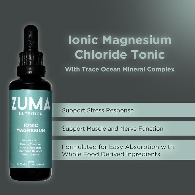 Zuma Nutrition Ionic Magnesium Liquid Tonic Vegan Natural Supplement for Cognitive Support Herbal Mineral Liquid Formula with Magnesium &amp Trace Ocean Minerals for Men &amp Women 60 ML Bottle