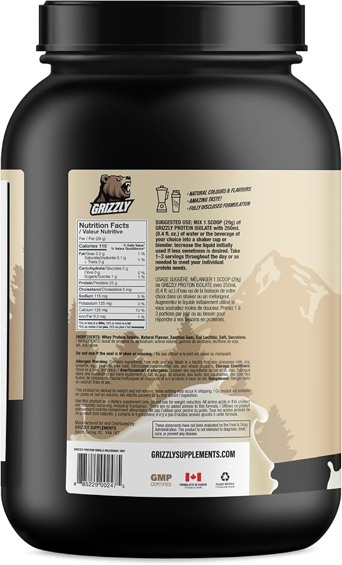 Grizzly Whey Isolate 25g Protein Powder Vanilla Protein Shake - 5.5g BCAAs for Growth &amp Muscle Recovery - 89% Whey Protein Per Serving - Post Workout Muscle Builder for Men &amp Women - 28 Servi