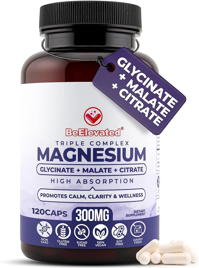 High Absorption Triple Magnesium Complex for Sleep Relaxation &amp Muscle Support – 300mg of Magnesium Glycinate Citrate &amp Malate – Gentle on Stomach – Non-GMO Vegan – 120 Capsules