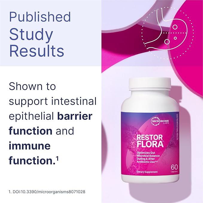 Microbiome Labs Restorflora Probiotics for Digestive Health - Gut Health Supplements with Dual Action Probiotics for Women &amp Men - Support Bowel Regularity &amp Immune Function (60 Capsules)