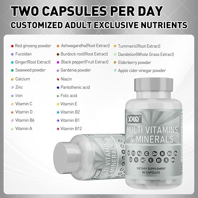 XKQ Multivitamins &amp Minerals 80 Capsules – Daily Vitamin C D3 B Vitamins &amp Zinc for Energy Immune &amp Metabolic Support – Complete Adult Multivitamin Supplement