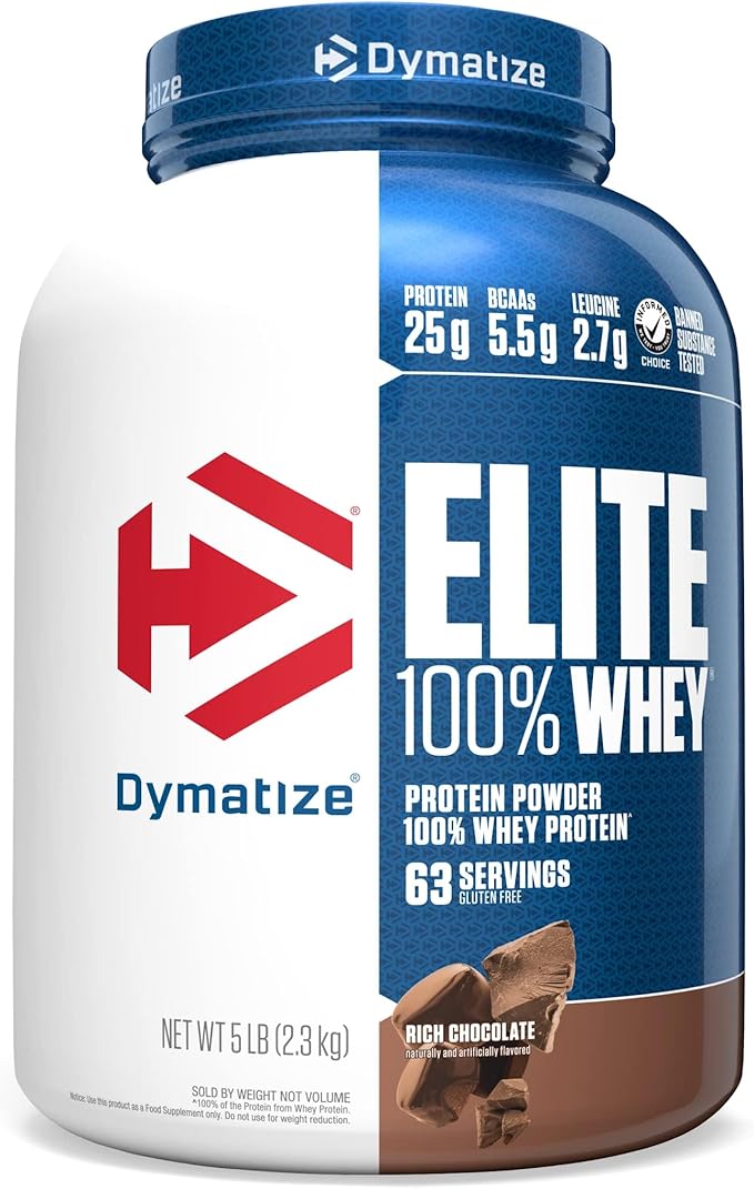 Dymatize Elite 100% Whey Protein Powder 25g Protein 5.5g BCAAs &amp 2.7 L-Leucine Quick Absorbing &amp Fast Digesting for Optimal Muscle Recovery Rich Chocolate 5 Pound (63 Servings)