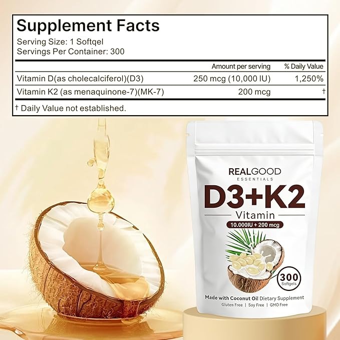 wuliao Real Good Essentials Vitamin D3 K2 10000 iu – 2-in-1 D&ampK Complex Supports Calcium Absorption Immune Health – 300 Softgels (1 Pack)