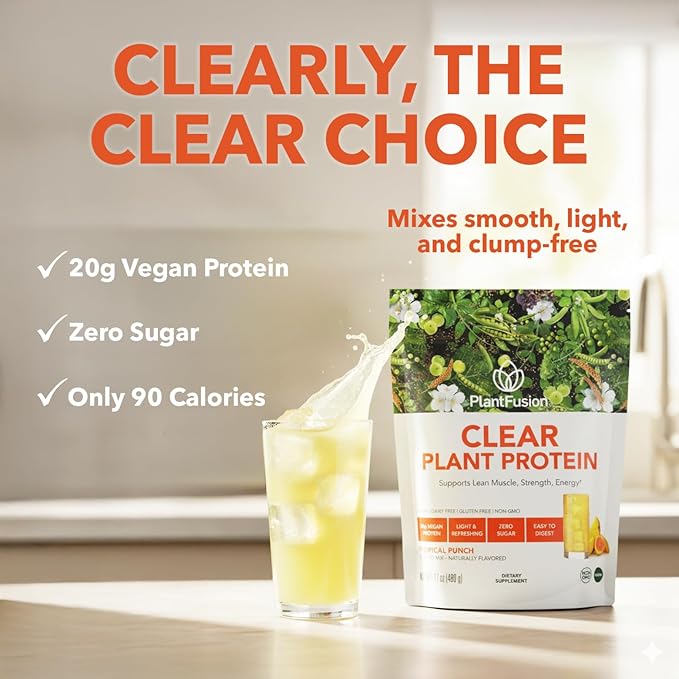 PlantFusion Vegan Clear Protein Powder with Pea Protein Peptides - 20g Fast-Absorbing in Water 90 Calories Zero Sugar Premium Alternative to Clear Whey - 16 oz