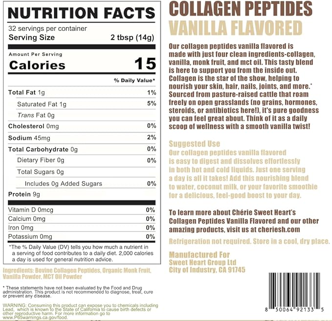 Cherie Sweet Heart's Collagen Peptide Powder 1 lb Pure Hydrolyzed Gluten Free Keto and Paleo Friendly Grass Fed Non GMO Vanilla