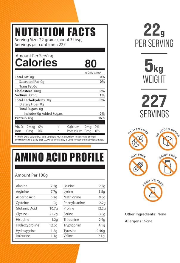 BulkSupplements.com Beef Bone Broth Protein Powder - Bovine Bone Broth Protein Lactose Free Protein Powder - Dairy Free &amp Gluten Free 22g per Serving 5kg (11 lbs) (Pack of 5)