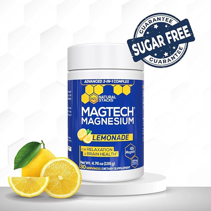 Magtein Magnesium L-Threonate Glycinate &amp Taurate - MagTech Magnesium Powder - Sugar Free Lemonade Drink - 200mg Chelated Triple Complex - Supports Relaxation &amp Brain Health* - 30 Servings