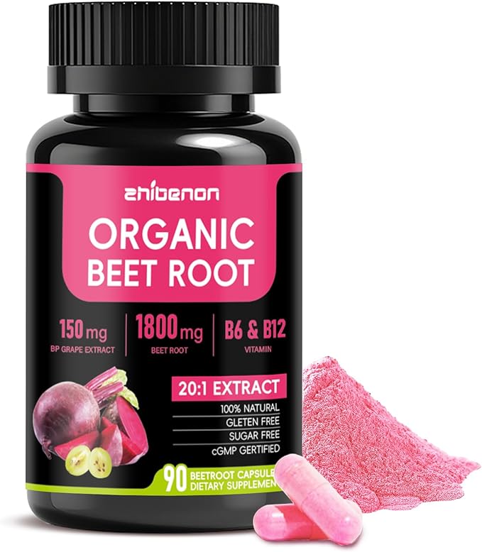 20:1 Organic Beet Root Capsules 1800 mg Beet Supplement 150mg BP Grape Extract &amp Vitamin B6 B12 Supports Nitric Oxide Production Health Circulation &amp Blood Flow Non-GMO 90 Capsules 30-Da